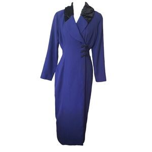 EXPO Vintage Navy & Black Textured Velvet Collared Trench Coat Dress Size 8